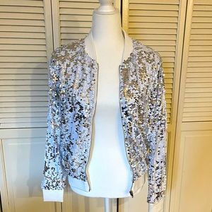 Sequin Bomber Jacket/ Anna-Kaci Silver with white trim sequin bomber Sz sm NWT